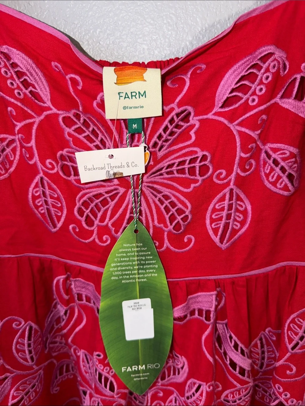 Farm Rio- Red Palm Tree Embroidered Puff-Sleeve-Midi Dress - Picture 2 of 12